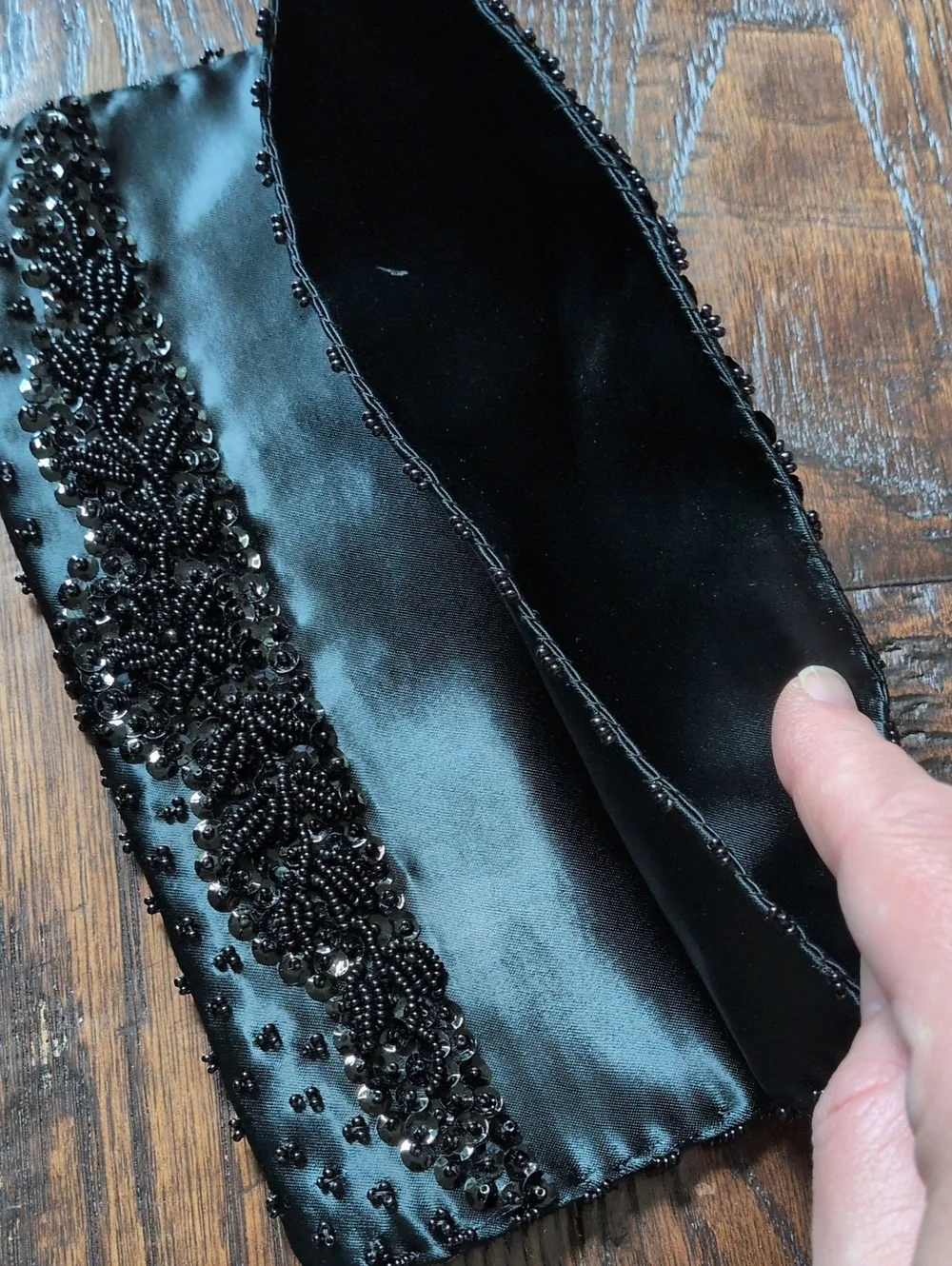 VINTAGE Black Beaded Satin Fold-Over Clutch Purse by Grande Maison Blanche